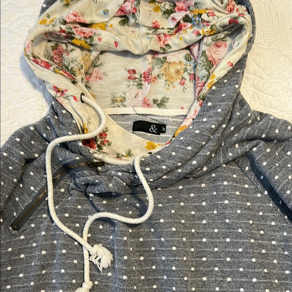 Ampersand Ave. Mindy Mae’s Market- Gray Polka Dot Hoodie with Floral Hood
